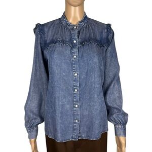 NWT New Jane And Delancey Blue Denim Chambray Ruffle Shirt Size XS